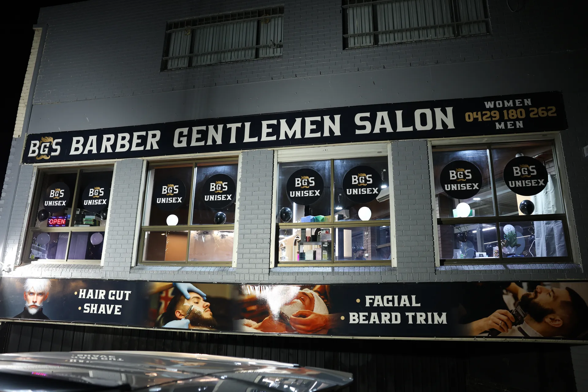 The Barber Gentlemen Salon shopfront on Richmond Road, Blacktown, with its signage: hair cut, shave, facial, beard trim