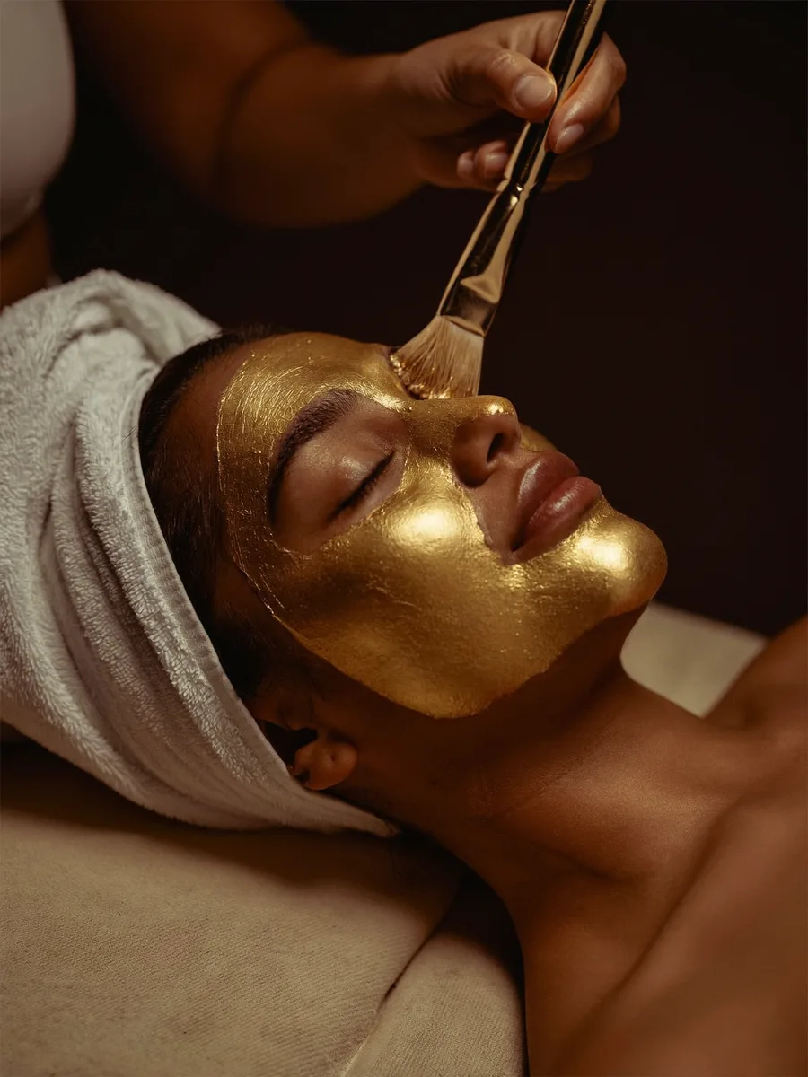 An Indian woman receiving a luminous gold facial mask