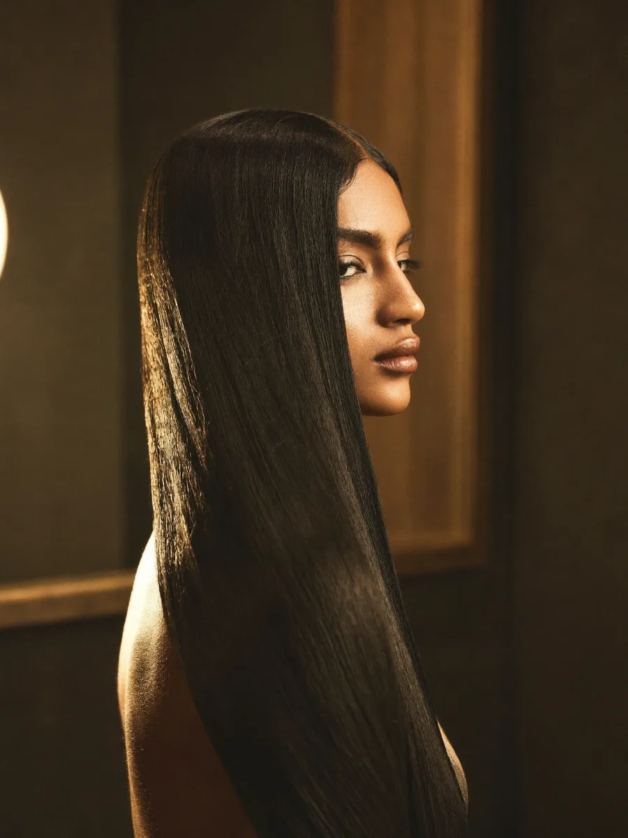 An Indian woman with glass-smooth straightened jet-black hair