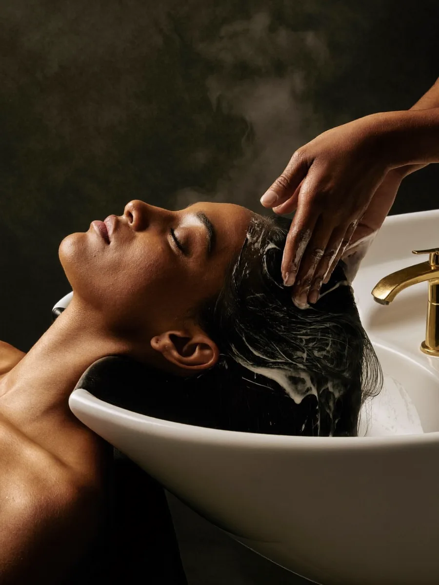 An Indian woman relaxing through a steamy hair-spa scalp massage