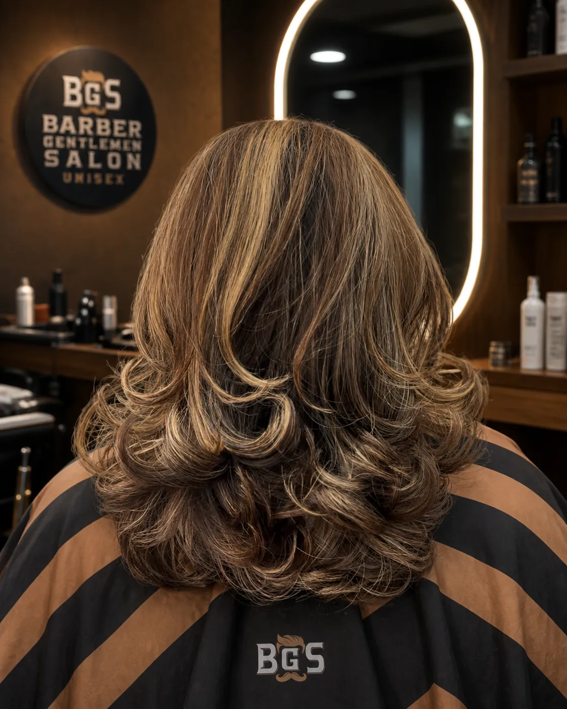 Back view of a bouncy blow-dry with warm highlights lifting through the mid-lengths