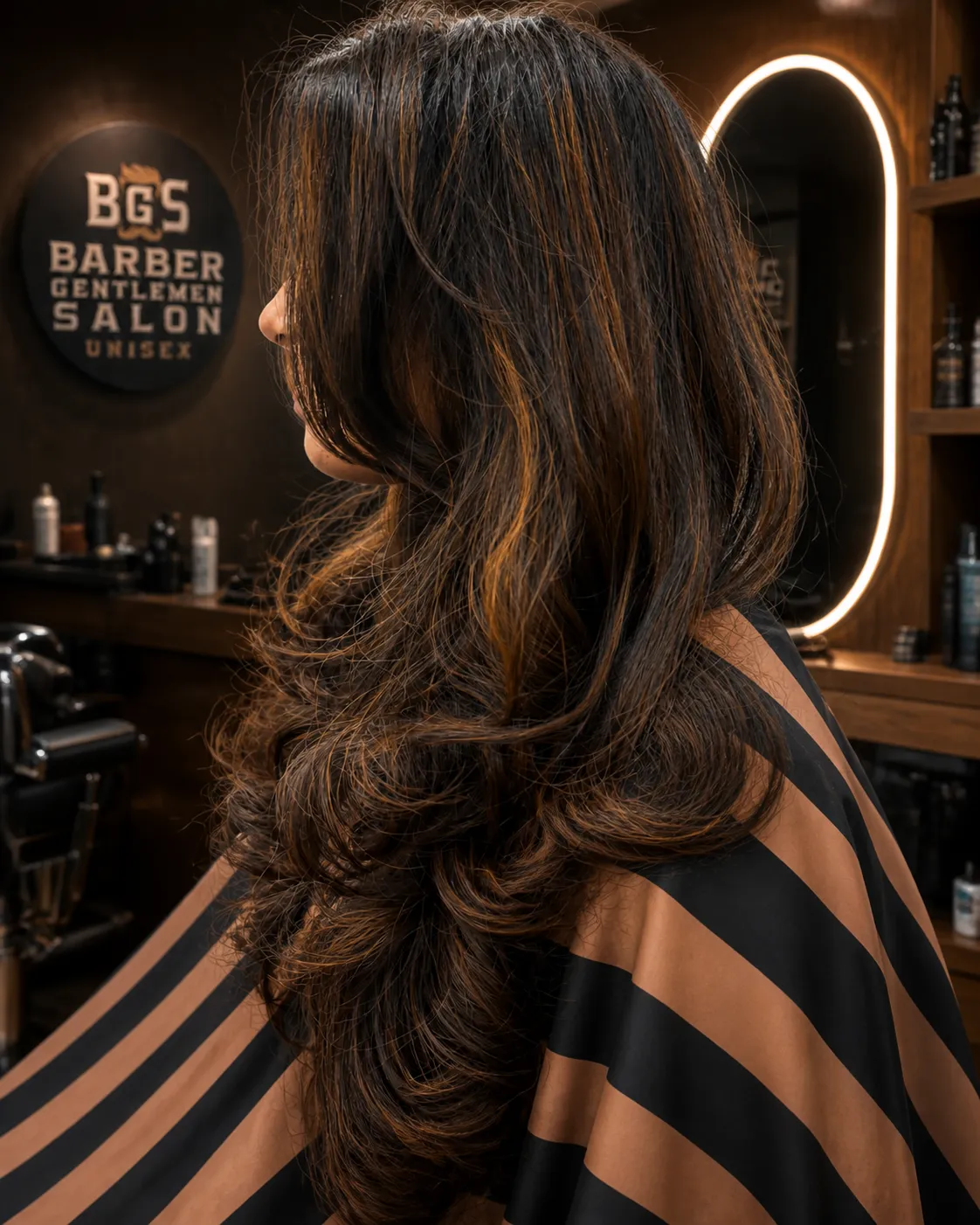 Caramel highlights running through long dark hair, styled into a curled blow-dry