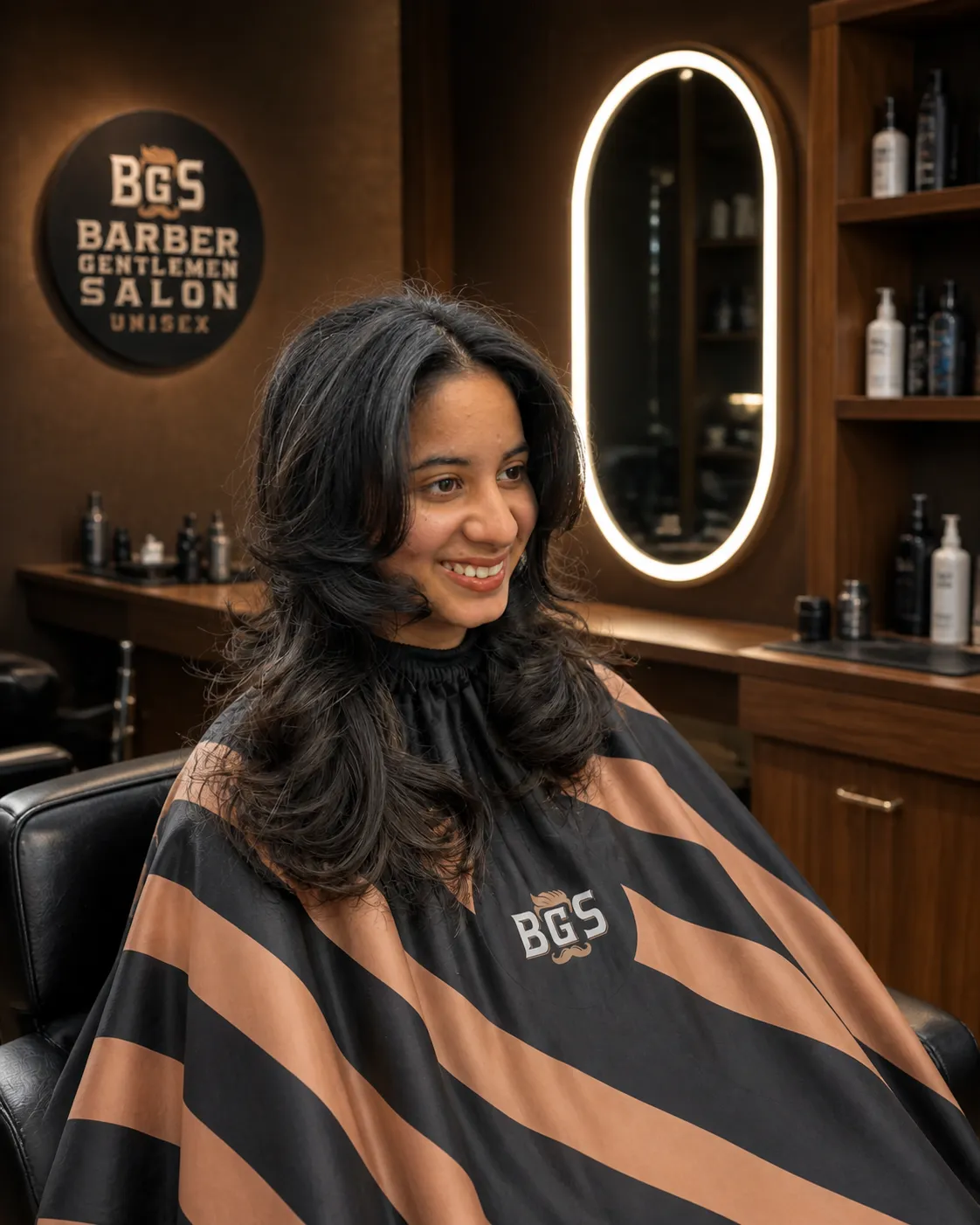 Layered women's cut styled into loose curls around the face